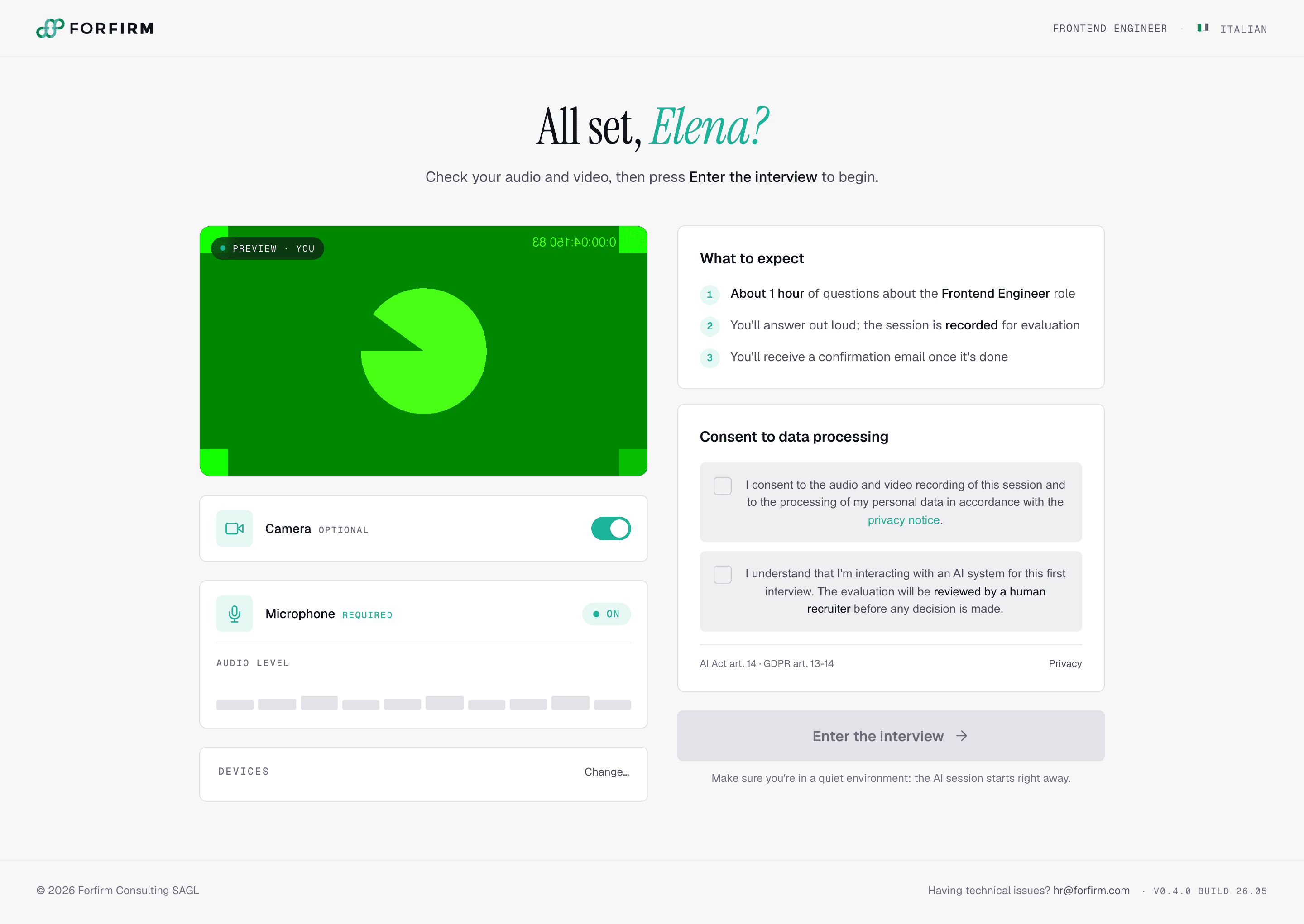 The pre-interview lobby: device check, consent, and what to expect.
