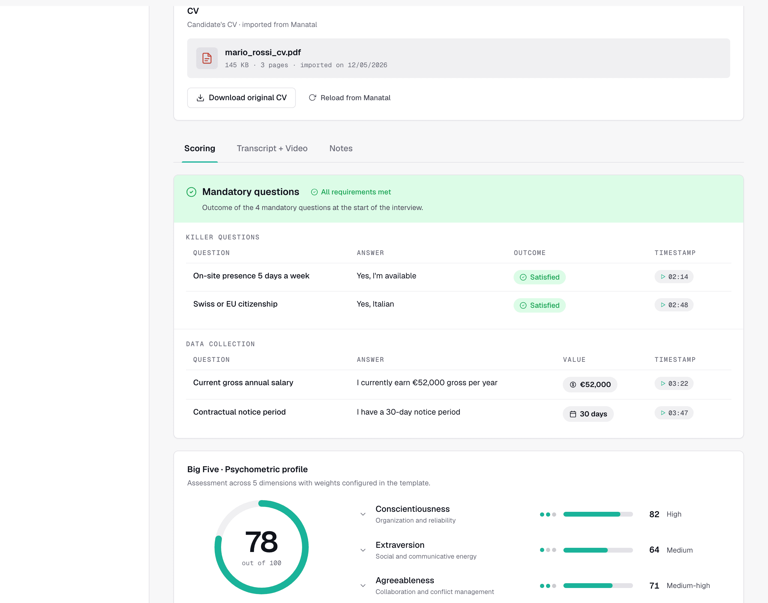 The scored review the hiring manager reads: mandatory questions, weighted score, psychometric profile.
