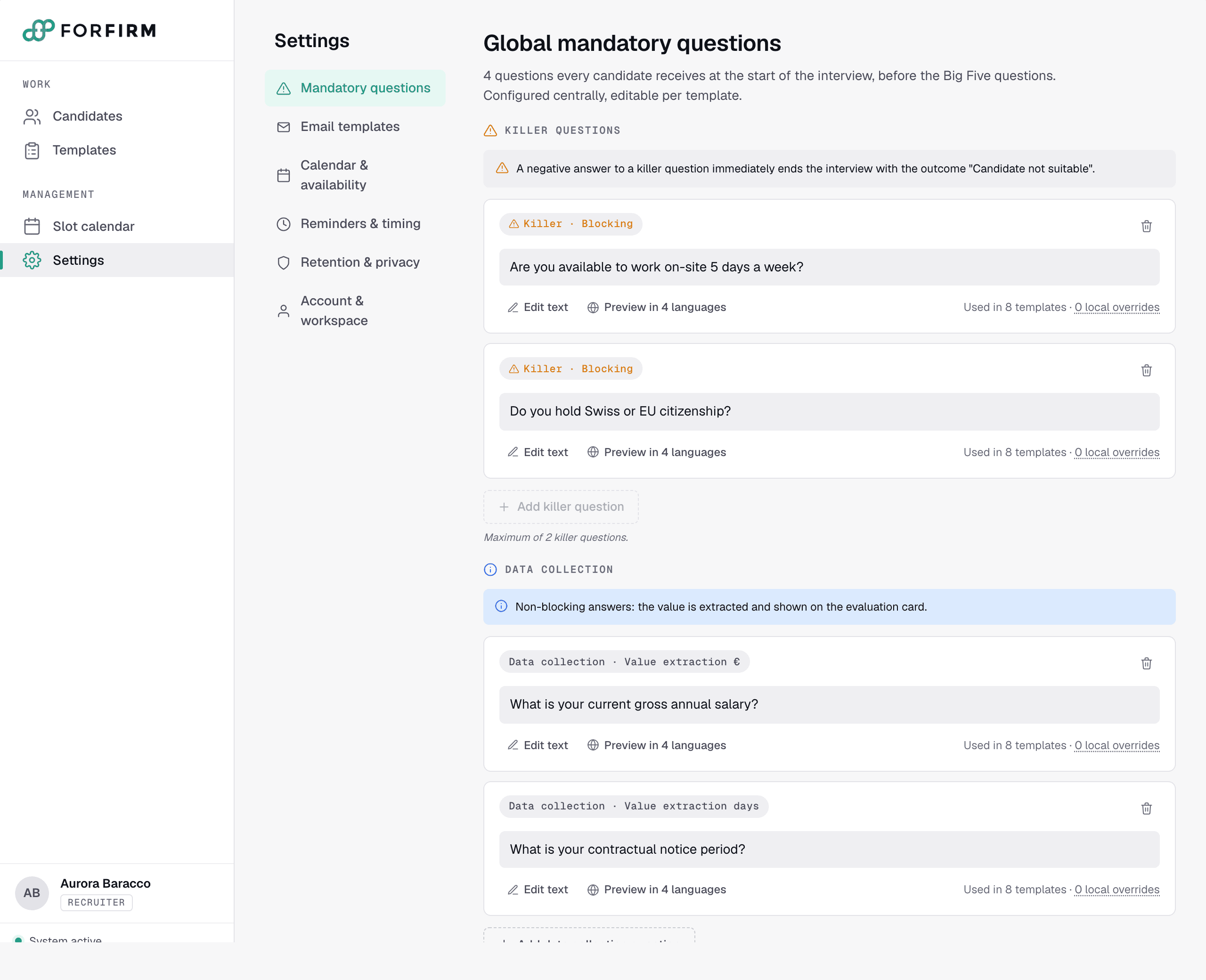 The configuration dashboard — questions, languages, weights.